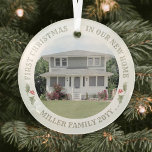 Watercolor Holly New Home Photo First Christmas Glass Ornament<br><div class="desc">Celebrate the joy of your new place with a custom photo "First Christmas in our New Home" watercolor holly round glass ornament. Wording and pictures on this template are simple to personalize, and can be different or the same on front and back. (IMAGE & TEXT DESIGN TIPS: 1) To adjust...</div>