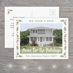 Watercolor Holly New Home Photo Holiday Moving Announcement Postcard