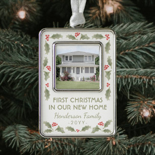 Watercolor Holly New Home Photo Housewarming First Christmas Ornament