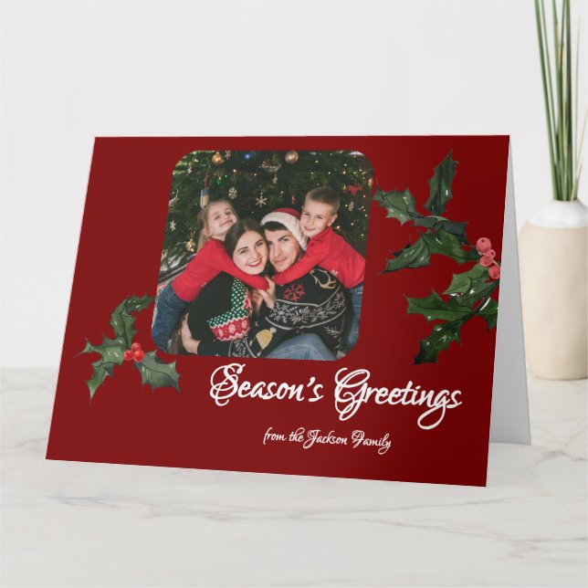 Watercolor Holly on Deep Red Photo Christmas Card (Front)
