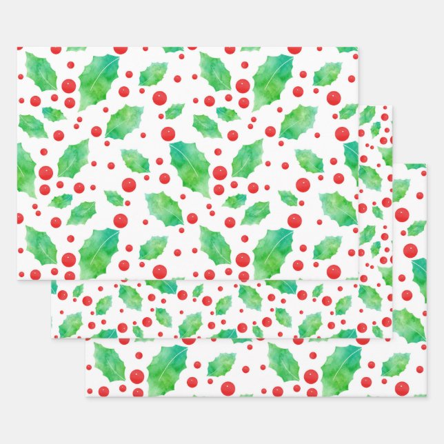 Watercolor Holly Pattern  Wrapping Paper Sheets (Set)