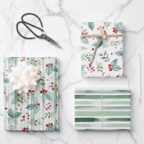 Watercolor Holly pine and berries christmas  Wrapping Paper Sheets