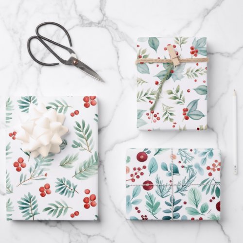 Watercolor Holly pine and berries christmas  Wrapping Paper Sheets