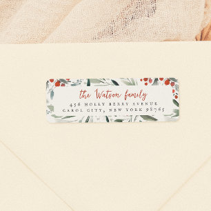 Watercolor Holly & Pine Christmas Family Name Label