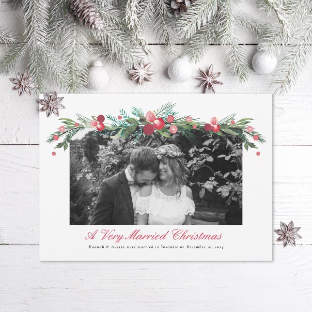 Watercolor Holly Pine Elegant Wedding Photo Holiday Card (Creator Uploaded)