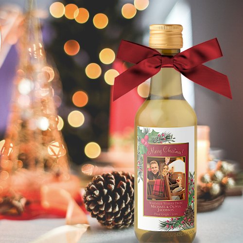 Watercolor Holly  Pine Merry Christmas Photo Mini Wine Label
