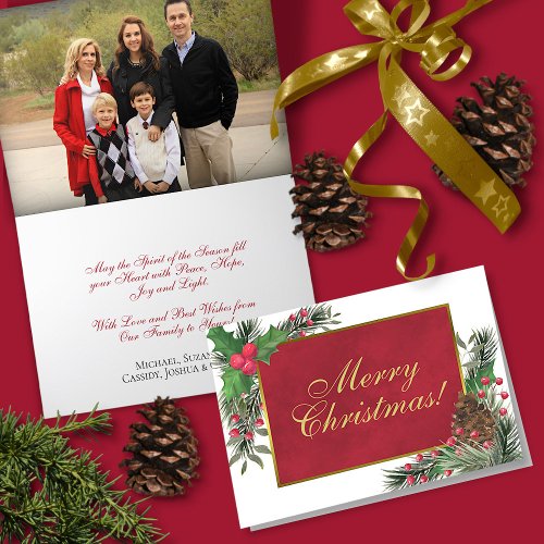 Watercolor Holly  Pine Photo Inside Christmas Holiday Card