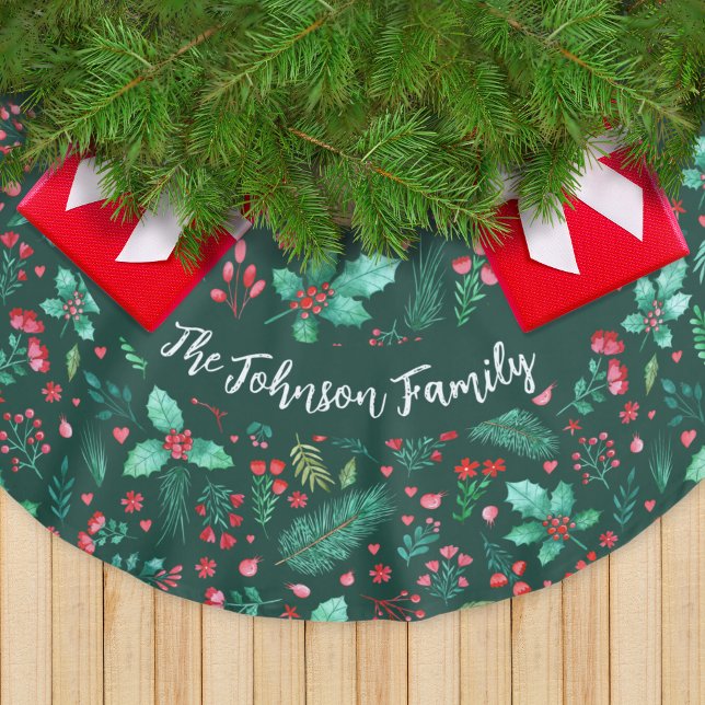 Watercolor Holly, Pine, Red Berries + Family Name Brushed Polyester Tree Skirt (Watercolor Holly, Pine, Red Berries + Family Name Brushed Polyester Tree Skirt)