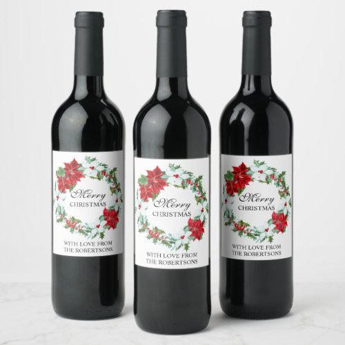 Watercolor Holly  Poinsettia Christmas Wreath Wine Label