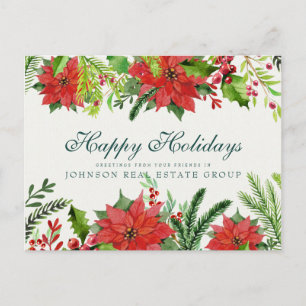 Watercolor Holly & Poinsettia Holiday Greetings Postcard