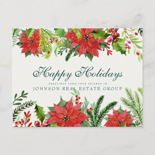 Watercolor Holly  Poinsettia  Holiday Greetings Postcard