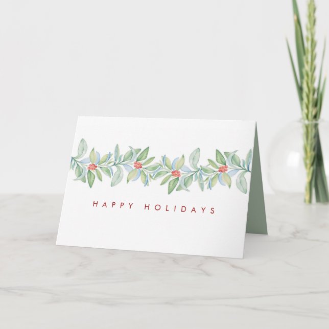 Watercolor Holly & Red Berries Christmas Holiday Card (Front)