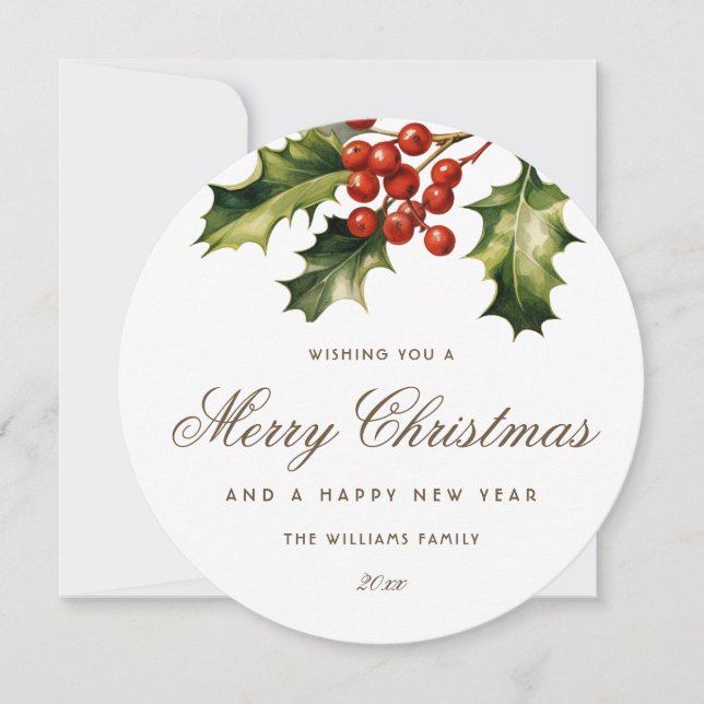 Watercolor Holly Red Berries Elegant Holiday Card (Front)