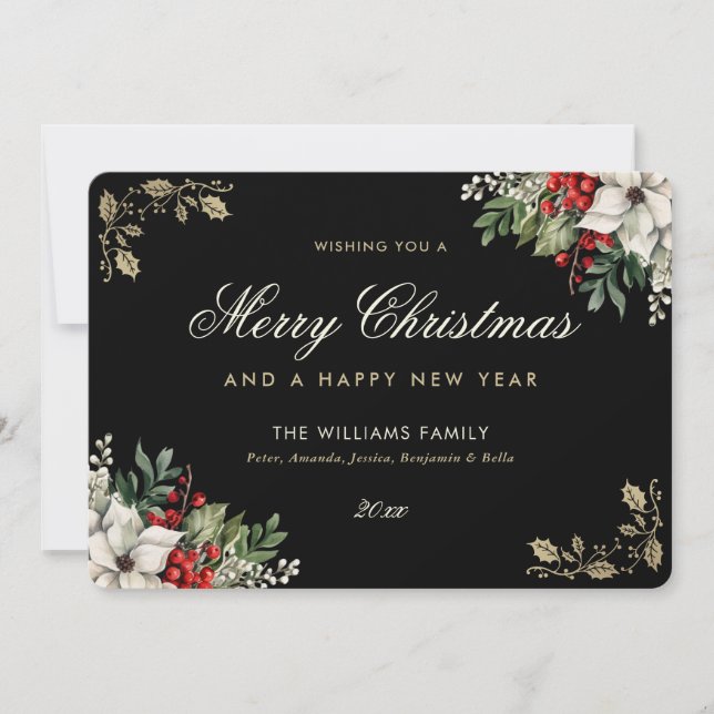 Watercolor Holly Red Berries White Poinsettia Holiday Card (Front)