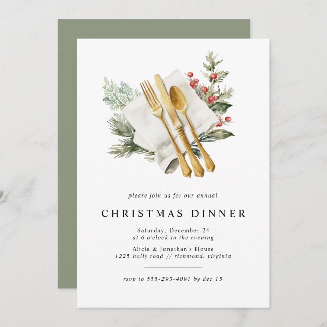 Watercolor Holly Rustic Greenery Christmas Dinner Invitation (Front/Back)