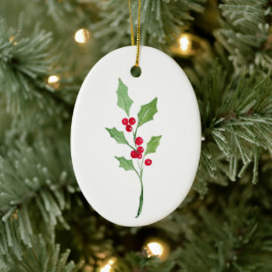Watercolor Holly Sprig  Ceramic Ornament