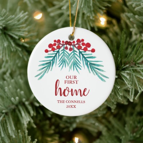 Watercolor Holly Sprig Personalized Our First Home Ceramic Ornament