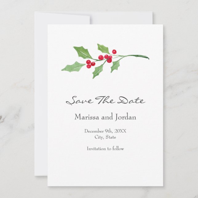 Watercolor Holly Sprig Save The Date (Front)