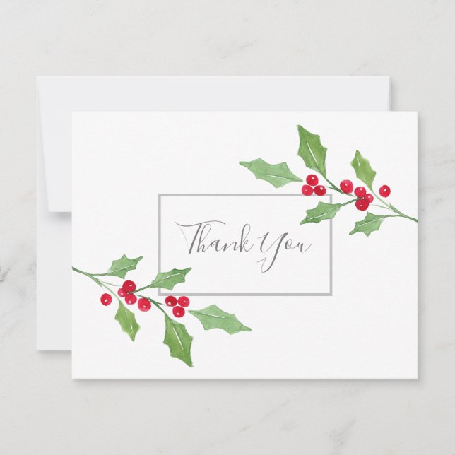 Watercolor Holly Sprig Thank You Card (Front)