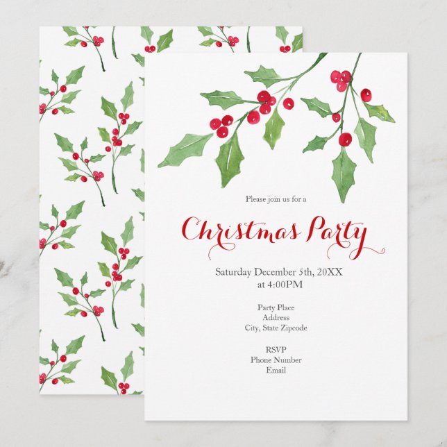 Watercolor Holly Sprigs and Pattern Invitation (Front/Back)