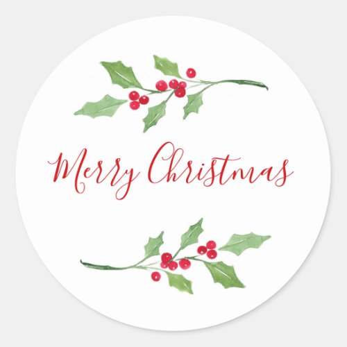 Watercolor Holly Sprigs   Classic Round Sticker