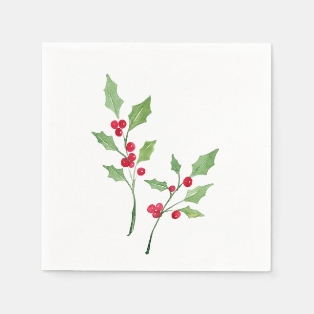 Watercolor Holly Sprigs Napkins (Front)