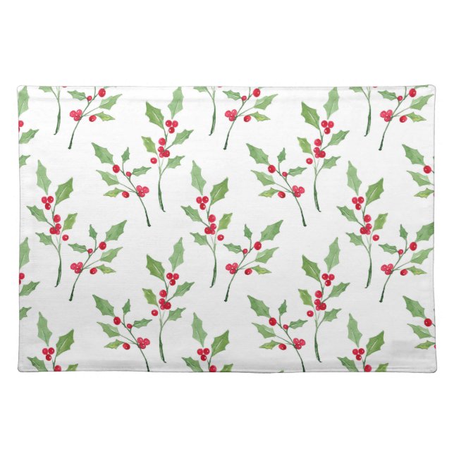 Watercolor Holly Sprigs Pattern Cloth Placemat (Front)