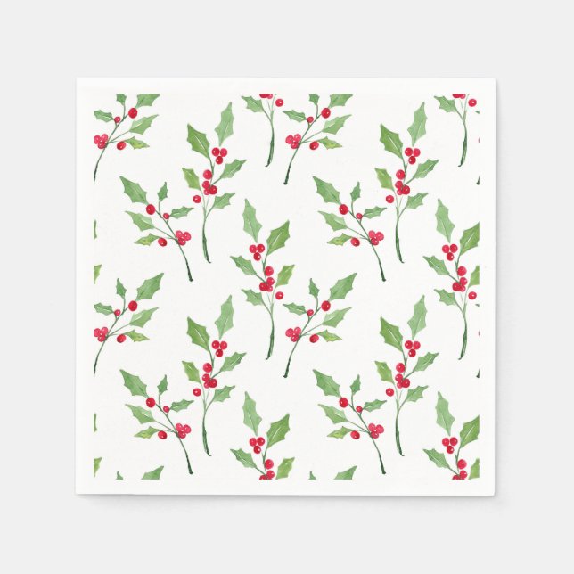 Watercolor Holly Sprigs Pattern Napkins (Front)