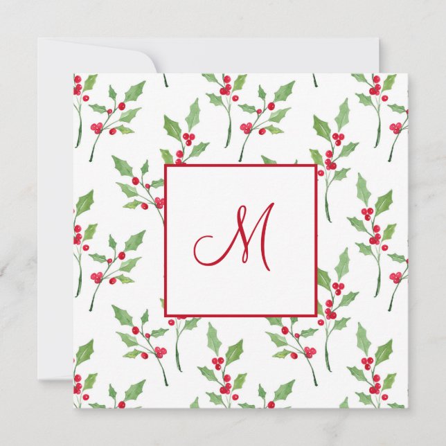 Watercolor Holly Sprigs Pattern Note Card (Front)