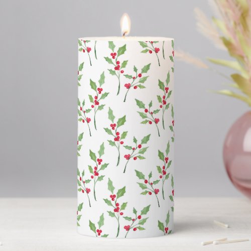 Watercolor Holly Sprigs Pattern Pillar Candle