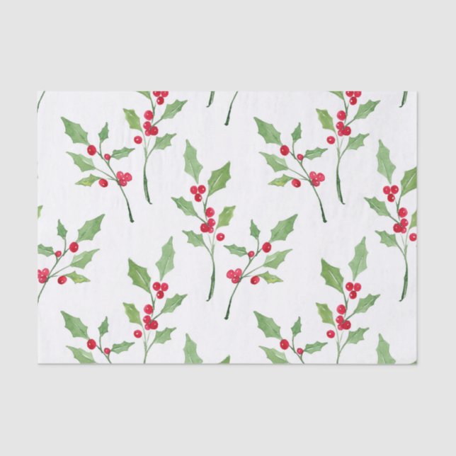 Watercolor Holly Sprigs Pattern Tissue Paper (Front)