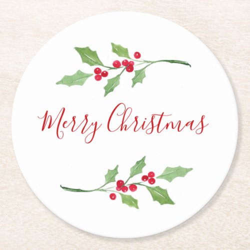 Watercolor Holly Sprigs  Round Paper Coaster