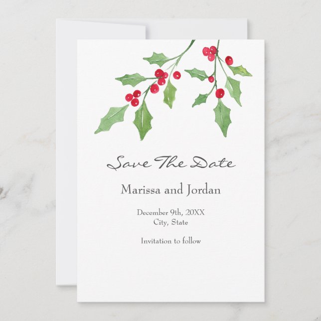 Watercolor Holly Sprigs Save The Date (Front)