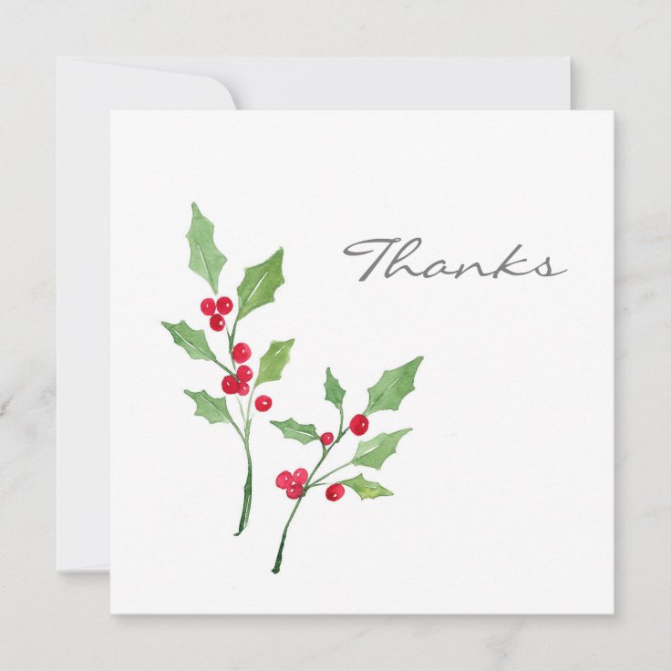 Watercolor Holly Sprigs Thank You Card | Zazzle