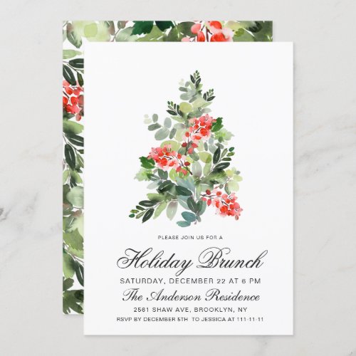 Watercolor Holly Tree Christmas Holiday Brunch Invitation