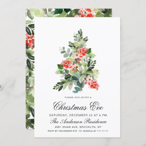 Watercolor Holly Tree Christmas Holiday Eve Party Invitation