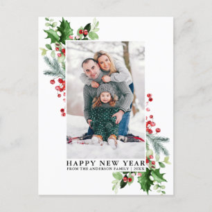 Watercolor Holly Winter Greenery Photo New Year Postcard