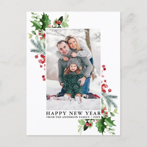 Watercolor Holly Winter Greenery Photo New Year Postcard