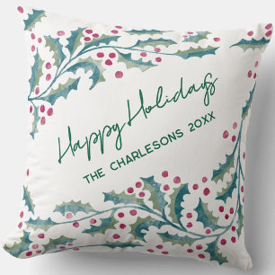 Watercolor Holly Winter Holidays Personalized Throw Pillow