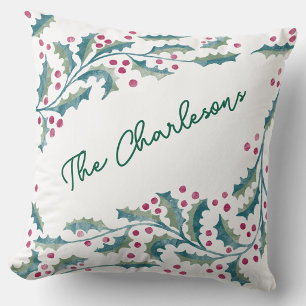 Watercolor Holly Winter Holidays Throw Pillow