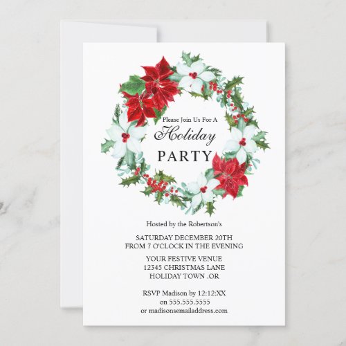 Watercolor Holly With Berries Wreath Holiday Party Invitation