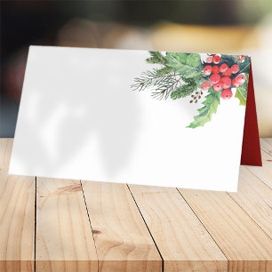 Watercolor Holly with Pine and Berry Holiday Place Card
