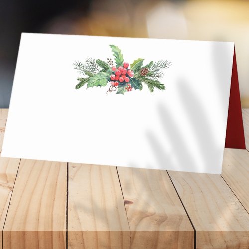 Watercolor Holly with Pine and Berry  Holiday Place Card