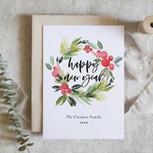 Watercolor Holly Wreath 2025 Happy New Year Holiday Card
