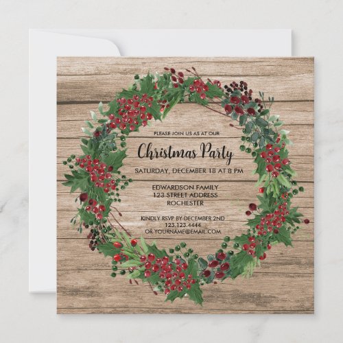 Watercolor Holly wreath barn wood Christmas party Invitation