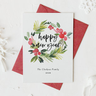 Watercolor Holly Wreath Botanical New Year Holiday Card