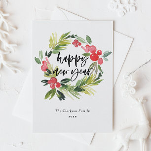 Watercolor Holly Wreath Calligraphy New Year Holiday Postcard