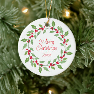 Watercolor Holly Wreath Ceramic Ornament