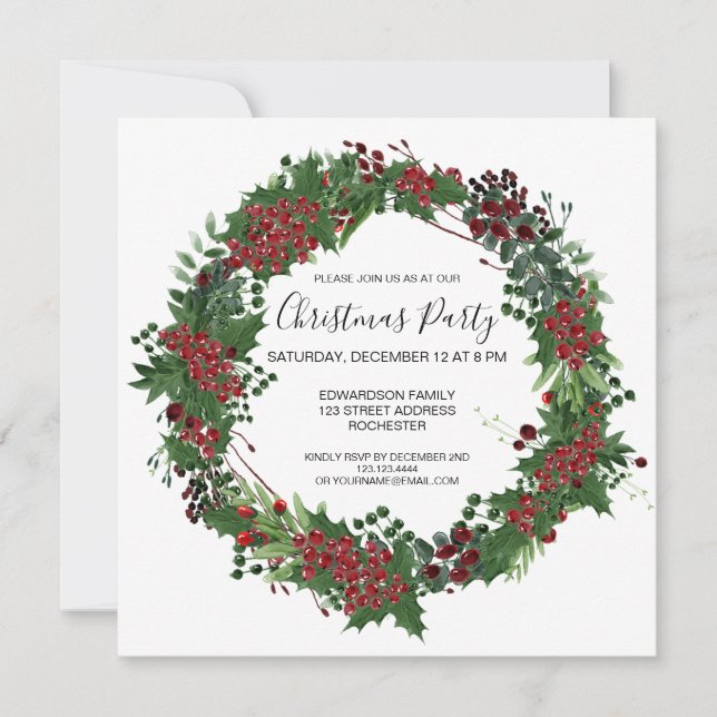 Watercolor Holly wreath Christmas Party invitation (Front)