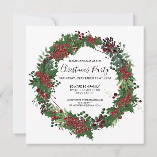 Watercolor Holly wreath Christmas Party invitation